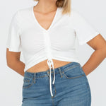 White Wide Sleeve Front Tie Ruche Top