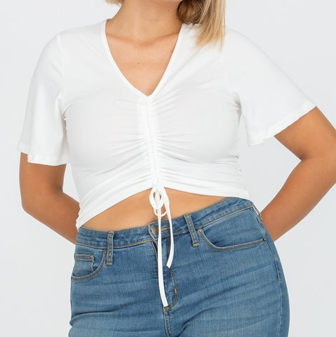 White Wide Sleeve Front Tie Ruche Top