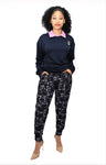 High Waist Navy Spark Flower Print Sweatpants