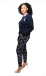 High Waist Navy Spark Flower Print Sweatpants